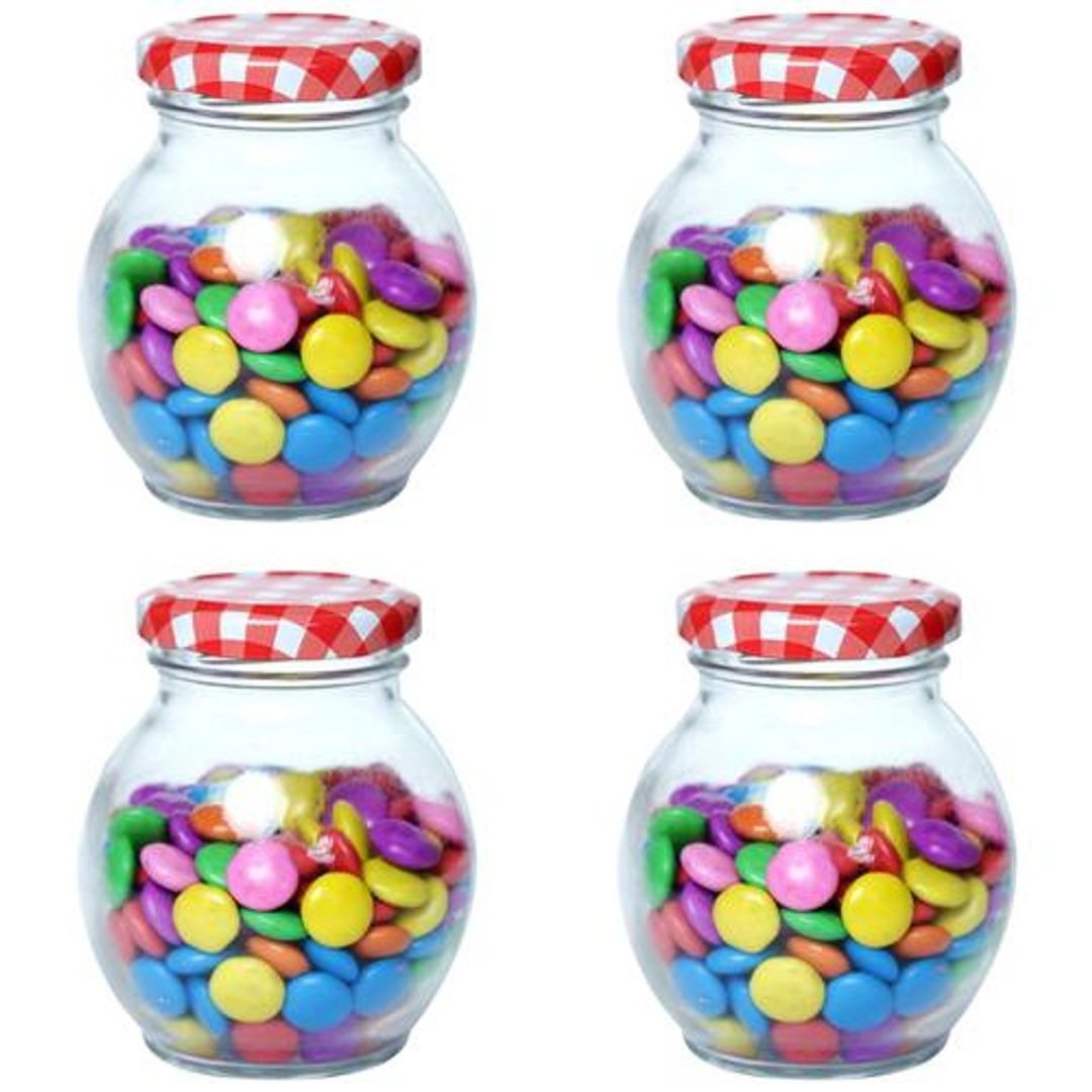 Yera Small Glass Jars With Red Printed Lids - Food Grade, Non-Toxic, Air-Tight & Durable, 245 ml (Set of 4)