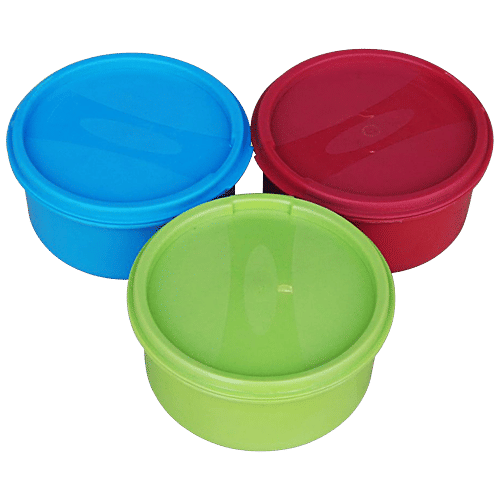 Princeware Storage Containers - Round, Plastic, Assorted Colours, Store Fresh, Air Tight, 100 ml (Set of 3)