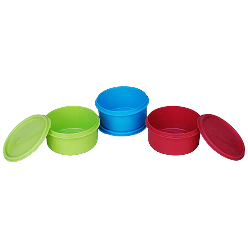 Princeware Storage Containers - Round, Plastic, Assorted Colours, Store Fresh, Air Tight, 100 ml (Set of 3)