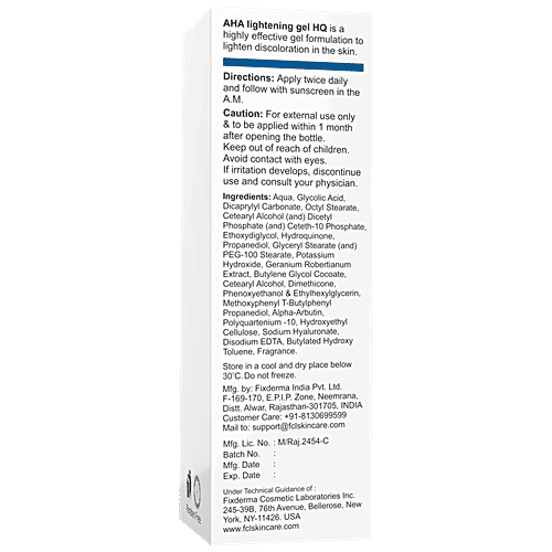 Fixderma Cosmetic Laboratories AHA Lightening Gel HQ - Treats Uneven Skin Tones, Paraben Free, 30 ml  
