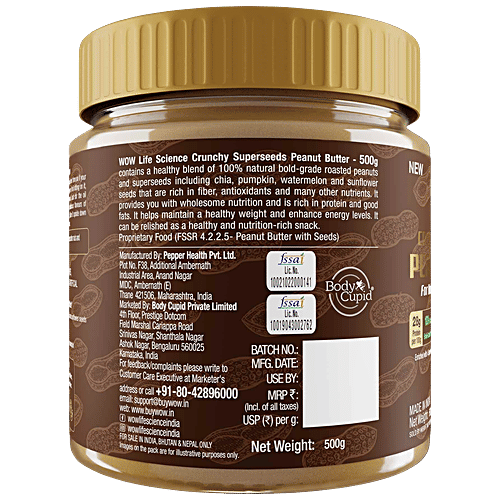 WOW Life Science  Crunchy Super Seeds Peanut Butter - Natural, Rich In Protein, No Added Sugar, 500 g  