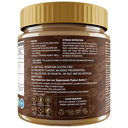 WOW Life Science  Crunchy Super Seeds Peanut Butter - Natural, Rich In Protein, No Added Sugar, 500 g  