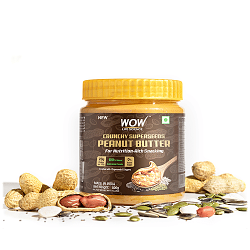 WOW Life Science  Crunchy Super Seeds Peanut Butter - Natural, Rich In Protein, No Added Sugar, 500 g  