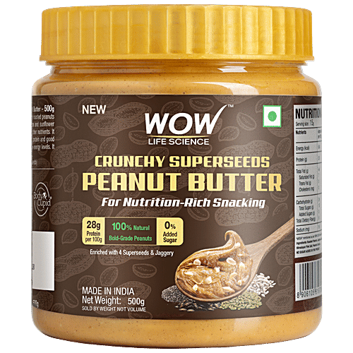 WOW Life Science  Crunchy Super Seeds Peanut Butter - Natural, Rich In Protein, No Added Sugar, 500 g  