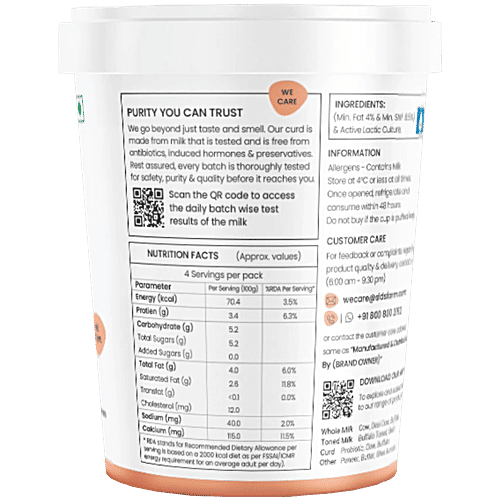 Sids Farm Cow Curd - Pure, No Hormones, Rich In Calcium & Protein, 400 g Cup 