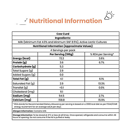Sids Farm Cow Curd - Pure, No Hormones, Rich In Calcium & Protein, 400 g Cup 