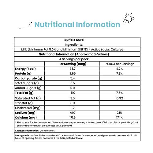 Sids Farm Buffalo Curd - Pure, No Hormones, Rich In Calcium & Protein, 400 g