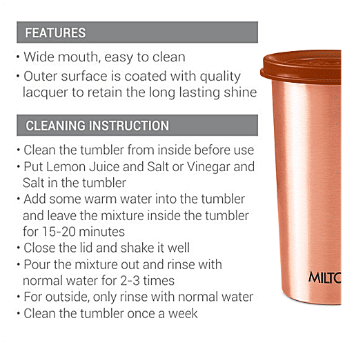 Milton Copper Drinking Water Tumbler With Lid - 99.9% Pure Copper, Increases Immunity, 480 ml (1 pc)