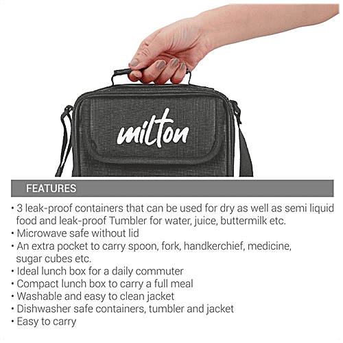 Milton New Meal Combi Lunch Box - Containers & Tumbler, Microwave Safe, Leak Proof, Black, 4 pcs
