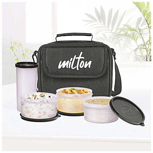 Milton New Meal Combi Lunch Box - Containers & Tumbler, Microwave Safe, Leak Proof, Black, 4 pcs