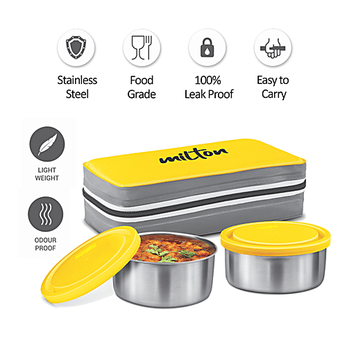 Milton Lunch Box - New Mini Insulated Tiffin With 2 Containers, Yellow, 280 ml (Set of 2) 