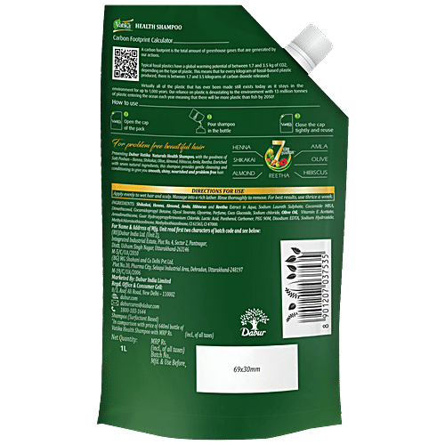 Dabur Vatika Health Shampoo Refill Pouch, With 7 natural ingredients, Controls Frizz, 1 L Pouch 