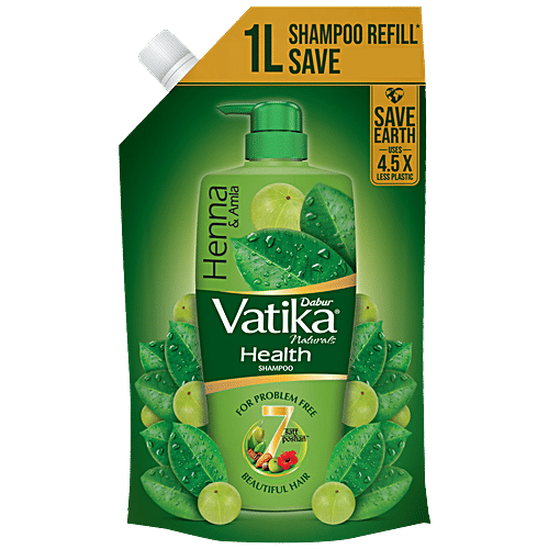 Dabur Vatika Health Shampoo Refill Pouch, With 7 natural ingredients, Controls Frizz, 1 L Pouch 