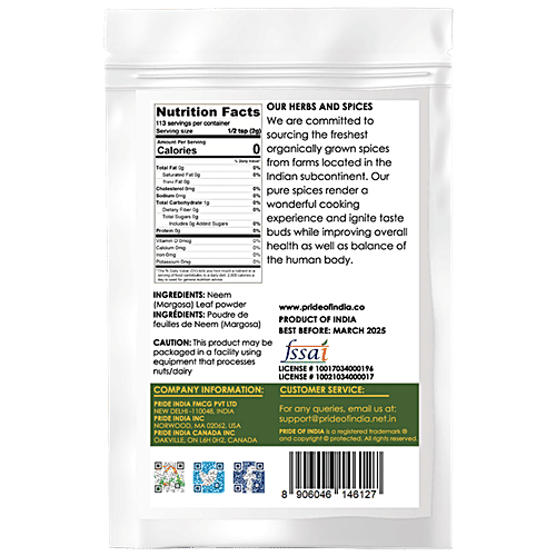 Pride Of India Margosa/Neem Leaf Powder - Herbal, Natural, Vegan, Gluten Free, 227 g