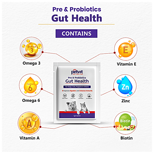 Petvit Pre & Probiotic Gut Health Powder - For Dogs, Cats, Puppies & Kittens, 1 g (20 Sachet x 1 g Each) 