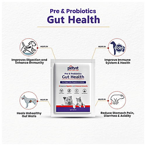 Petvit Pre & Probiotic Gut Health Powder - For Dogs, Cats, Puppies & Kittens, 1 g (20 Sachet x 1 g Each) 