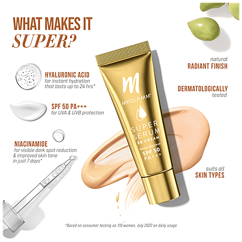 MyGlamm Super Serum BB Cream - Broad Spectrum, SPF 50, PA+++, 15 g 201 Pine
