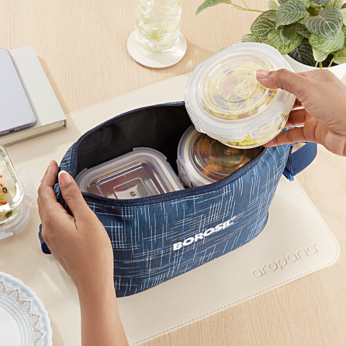 Borosil Indigo Daisy Glass Lunch/Tiffin Box - Round & Square, Microwave Safe, Transparent, 4 pcs  