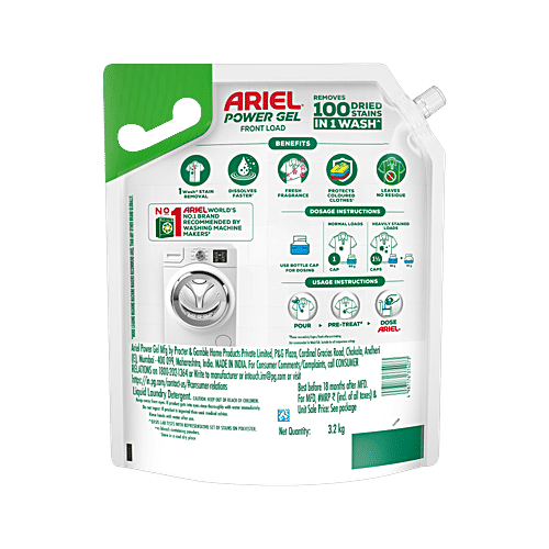 Ariel Power Gel Front Load & Semi Auto Liquid Detergent, 3.2 kg Removes 100 Stains in 1 Wash