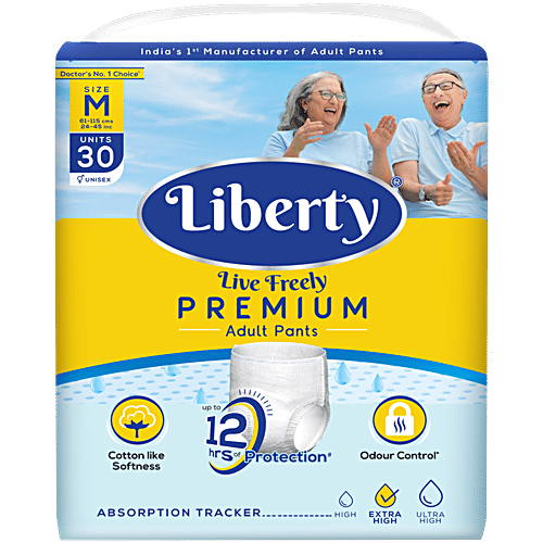 Liberty Diapers Premium Adult Diaper Pants, Medium (M) Size Waist Size (61-115cm | 24-45 inches), 30 pcs  Unisex, Leak Proof, Extra Elastics, High Absorbency, 12 Hrs protection
