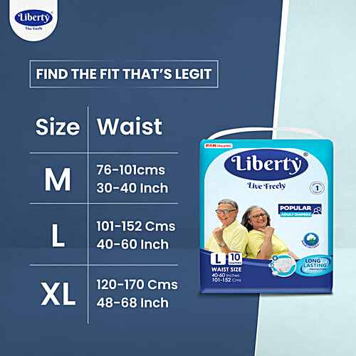 Liberty Diapers Popular Adult Diapers, Large (L) Waist Size (101-152cm | 40-60 inches), 10 pcs  Tape Style, Unisex, High Absorbency, Leak Proof, Wetness Indicator