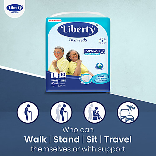 Liberty Diapers Popular Adult Diapers, Large (L) Waist Size (101-152cm | 40-60 inches), 10 pcs  Tape Style, Unisex, High Absorbency, Leak Proof, Wetness Indicator