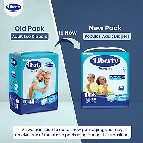 Liberty Diapers Popular Adult Diapers, Large (L) Waist Size (101-152cm | 40-60 inches), 10 pcs  Tape Style, Unisex, High Absorbency, Leak Proof, Wetness Indicator