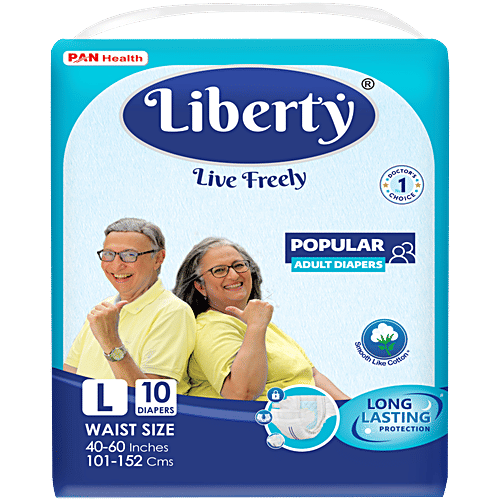 Liberty Diapers Popular Adult Diapers, Large (L) Waist Size (101-152cm | 40-60 inches), 10 pcs  Tape Style, Unisex, High Absorbency, Leak Proof, Wetness Indicator