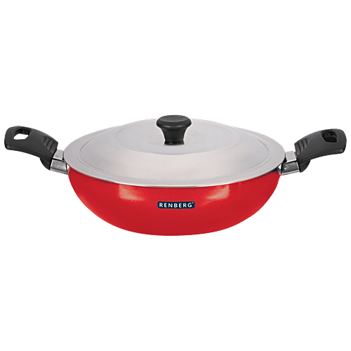 Renberg Orchid Non-Stick Cookware Set - Kadhai With Lid, Fry Pan & Tawa, Food Safe, Red, 4 pcs  