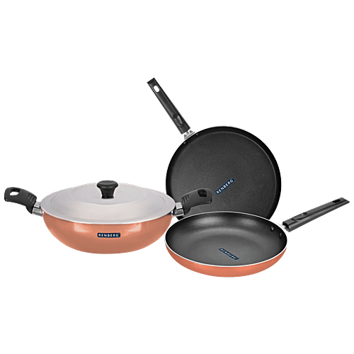 Renberg Orchid Non-Stick Cookware Set - Kadhai With Lid, Fry Pan & Tawa, Food Safe, Copper, 4 pcs