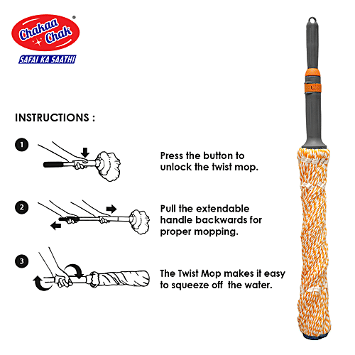 Chakaachak Eco Smart Twist Mop - Microfibre & Stainless Steel, Extendable Handle, 2.8 ft, Grey & Orange, 1 pc