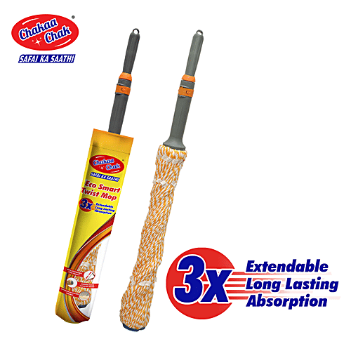 Chakaachak Eco Smart Twist Mop - Microfibre & Stainless Steel, Extendable Handle, 2.8 ft, Grey & Orange, 1 pc