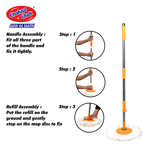 Chakaachak Rotolite Spin Mop - Plastic + TPE, Extendable Handle, 3.9 ft, Grey & Orange, 1 pc (Get 1 Free Refill)