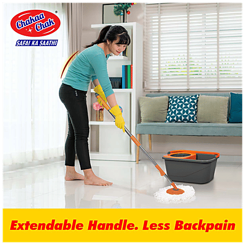 Chakaachak Rotolite Spin Mop - Plastic + TPE, Extendable Handle, 3.9 ft, Grey & Orange, 1 pc (Get 1 Free Refill)