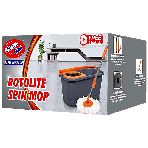 Chakaachak Rotolite Spin Mop - Plastic + TPE, Extendable Handle, 3.9 ft, Grey & Orange, 1 pc (Get 1 Free Refill)