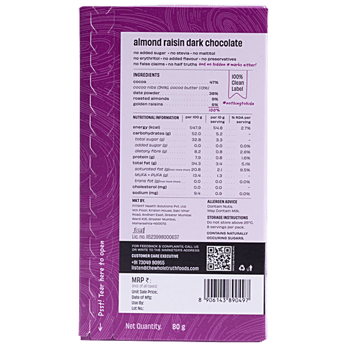 The Whole Truth Almond Raisin Dark Chocolate - No Added Sugar, 80 g  