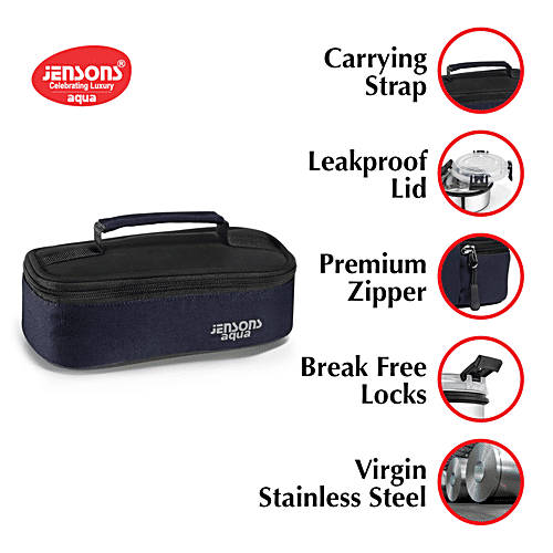 Jensons Aqua Lunch Box With Bag - Leakproof & Detachable Click & Lock, Navy Blue, 3 pcs