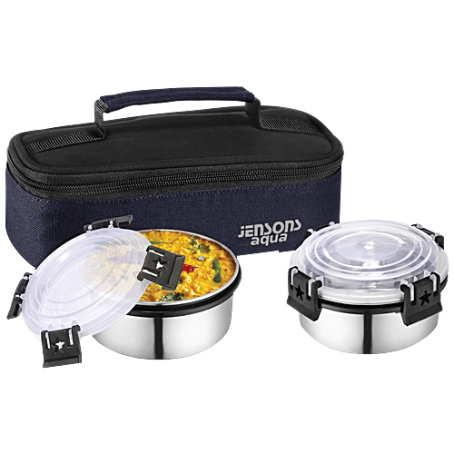 Jensons Aqua Lunch Box With Bag - Leakproof & Detachable Click & Lock, Navy Blue, 3 pcs