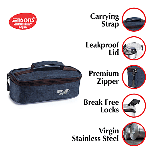 Jensons Aqua Lunch Box With Bag- Leakproof & Detachable Click & Lock, Khaadi Navy Blue, 3 pcs