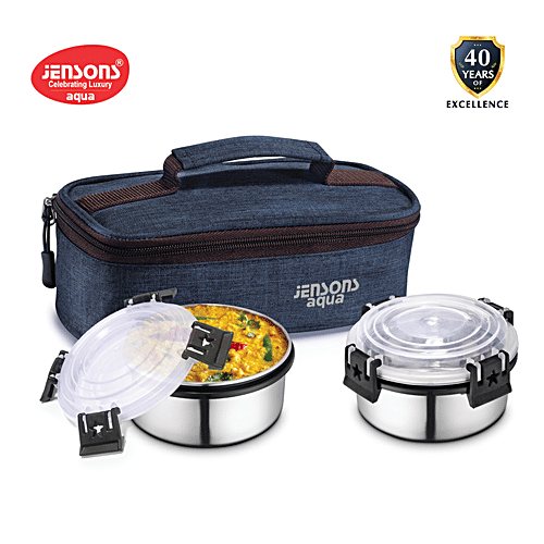 Jensons Aqua Lunch Box With Bag- Leakproof & Detachable Click & Lock, Khaadi Navy Blue, 3 pcs