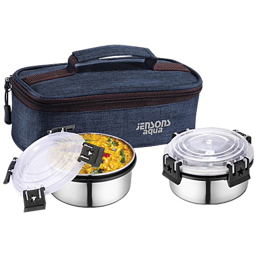Jensons Aqua Lunch Box With Bag- Leakproof & Detachable Click & Lock, Khaadi Navy Blue, 3 pcs