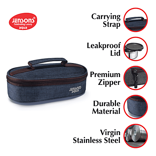 Jensons Aqua Lunch Box With Bag - Leakproof, Airtight, Khadi Navy Blue & Brown, 3 pcs  