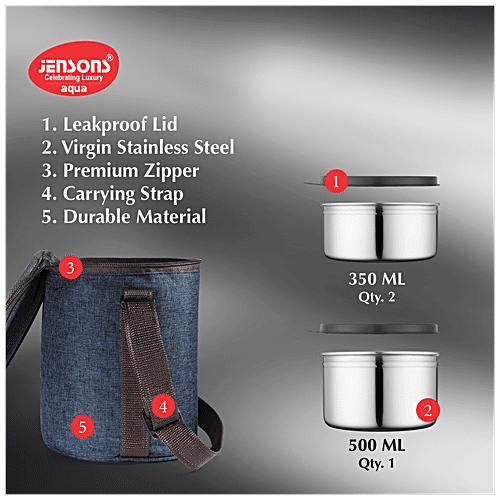 Jensons Aqua Trio Lunch Box With Bag - Leakproof, Air Tight, Navy Blue, 4 pcs  