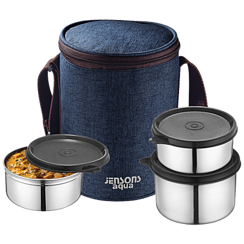 Jensons Aqua Trio Lunch Box With Bag - Leakproof, Air Tight, Navy Blue, 4 pcs  