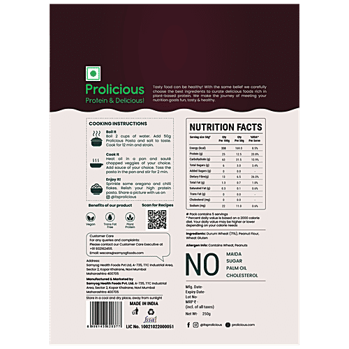 Prolicious Macaroni Durum Wheat Pasta - Rich In Plant-Based Protein, 250 g
