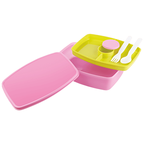 Nayasa Witty Double Decker Plastic Lunch Box For Kids - School, Office, Tiffin Box, Dabba, Pink, 1 pc  