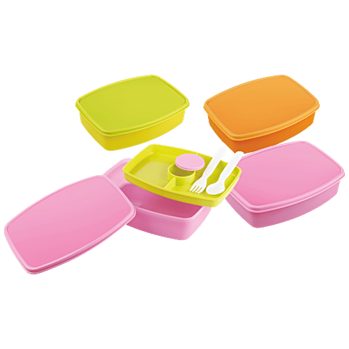 Nayasa Witty Double Decker Plastic Lunch Box For Kids - School, Office, Tiffin Box, Dabba, Pink, 1 pc  