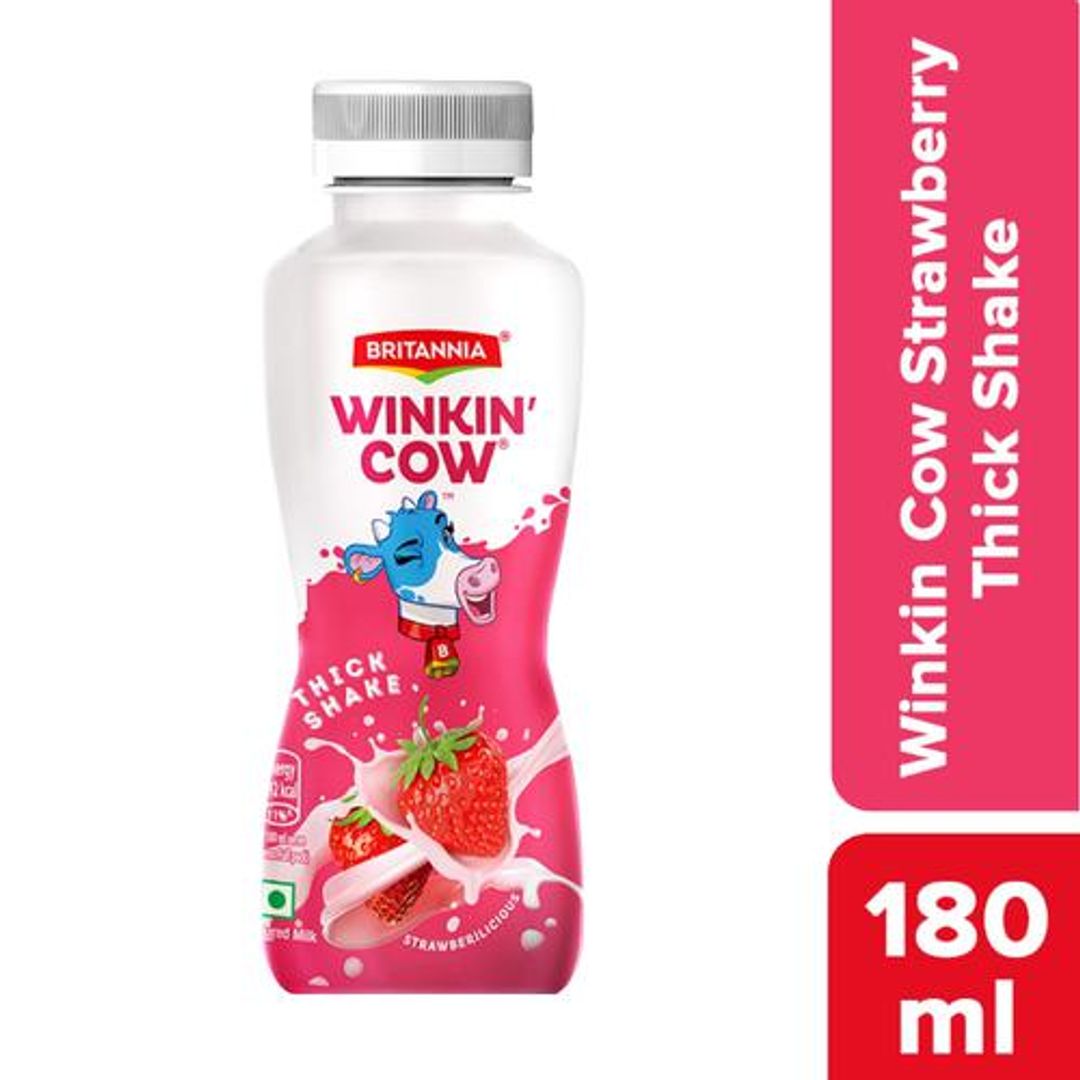 Britannia Winkin Cow Strawbericious Thick Milkshake - Sweet Fruity Flavour, Rich In Calcium, 180 ml Pet Bottle