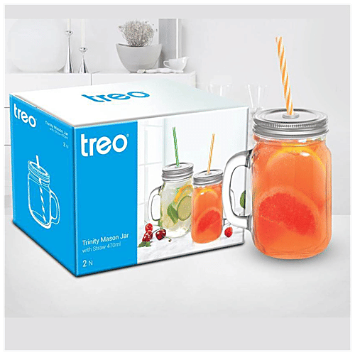 Treo Mason Jar With Lid - Trinity, Transparent, 470 ml (Set of 2) 