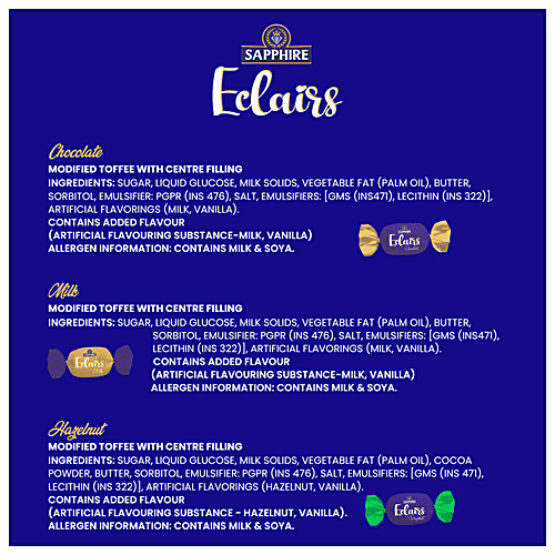 Sapphire  Eclairs - Milk, Premium, Creamy, 800 g  Creamy Caramel Filling
 Encrusted in Sugar and Vanilla